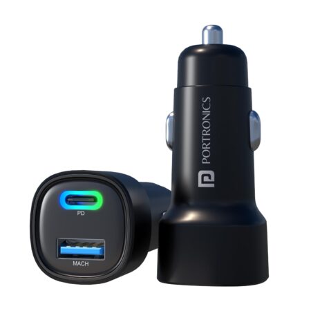 Portronics 80W Dual Output Fast Car Charger with Type-C PD & USB, LED Indicator, Charging Adapter Compatible with Cars for iPhone & Android Smartphone, Smartwatch, Earbud, Power Bank (Black), (Black)