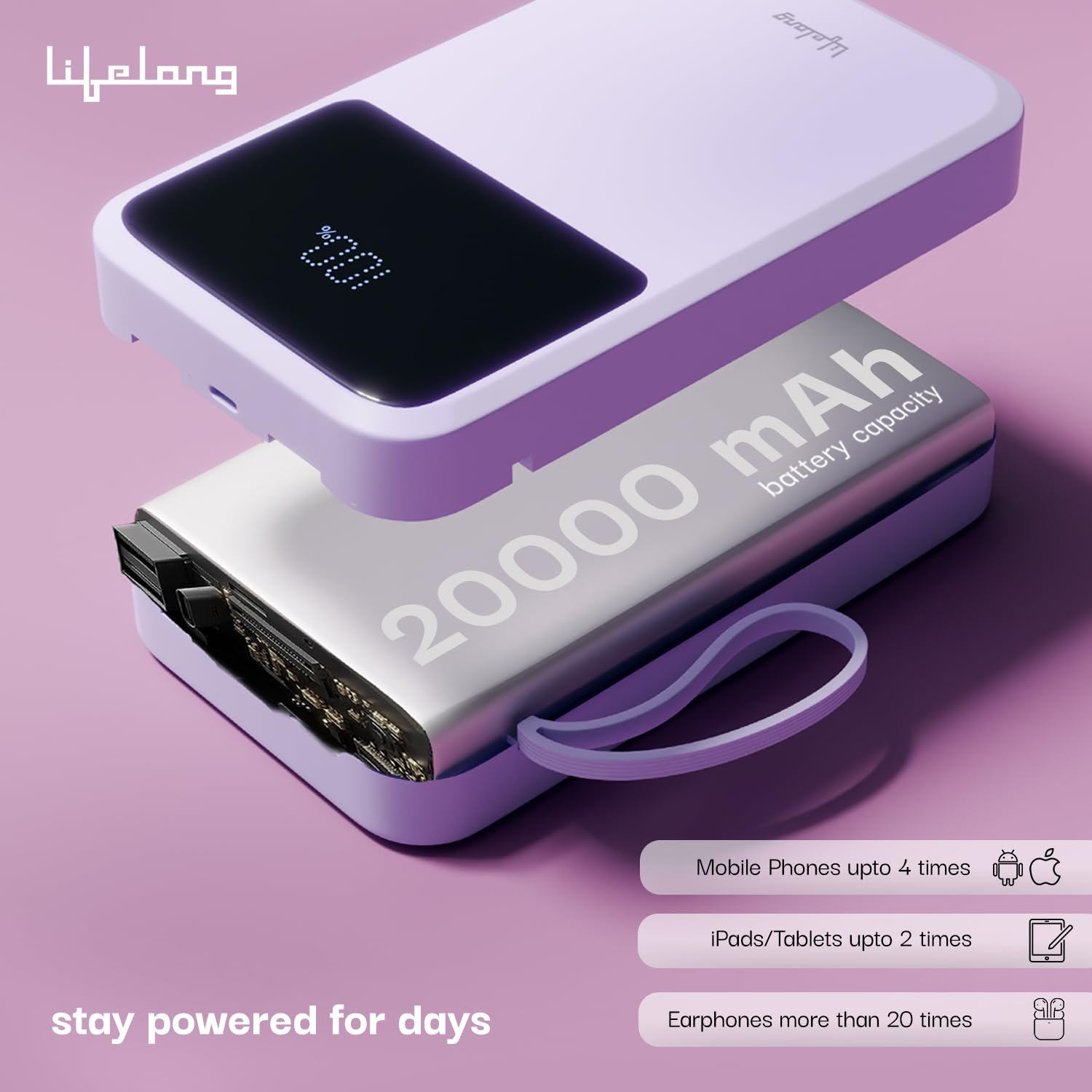 Lifelong Electronics 20000mAh 22.5W Fast Charging Power Bank | 3 Inputs (1 Built-in USB A Cable + 1 C + 1 Lightning Port) & 6 Outputs (3 Built-in Cables + 1 C + 2 A Port) | Small Pocket Size Powerbank (Blue | Olive Green | Rust Orange) - Image 9