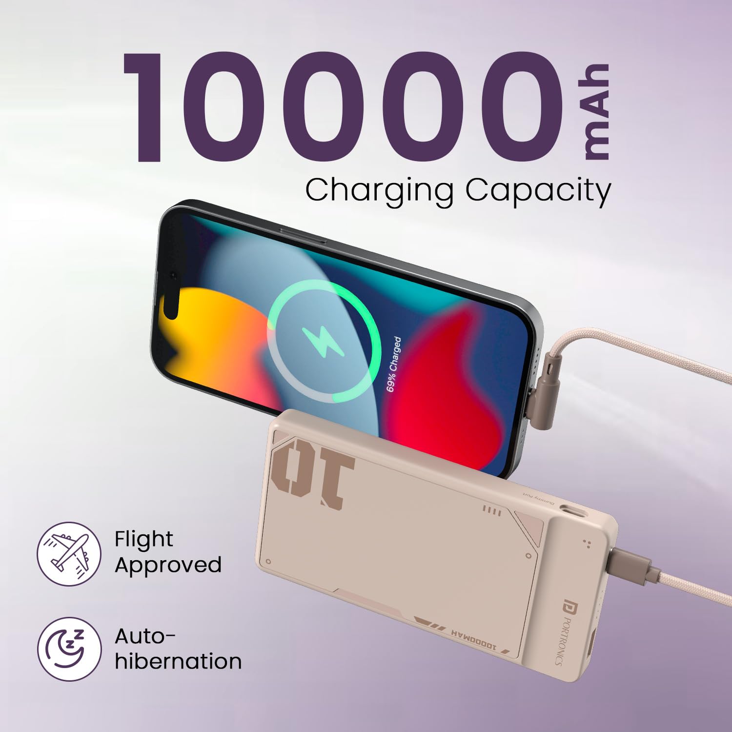 Portronics Luxcell Uno 10K 10000 mAh 22.5W Fast Charging Power Bank with Detachable Type C Cable, Ultra Slim Power Bank with Mach USB-A Output, Type C PD Output, Type C Input, Wake Up Button(Black | Blue | Mocha) - Image 8