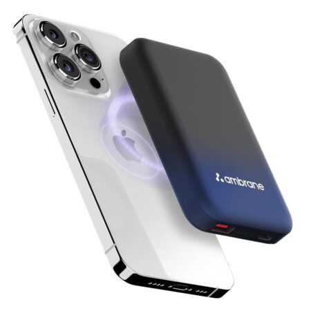 Ambrane Magsafe Wireless 10000Mah Fast Charging USB Type-C Input Power Bank, Strong Magnet, 22.5W Output For iPhone 12 & Above, Android & Other Qi Enabled Devices + Magnetic Ring (Aerosync Snap, Blue) (Upgrade)