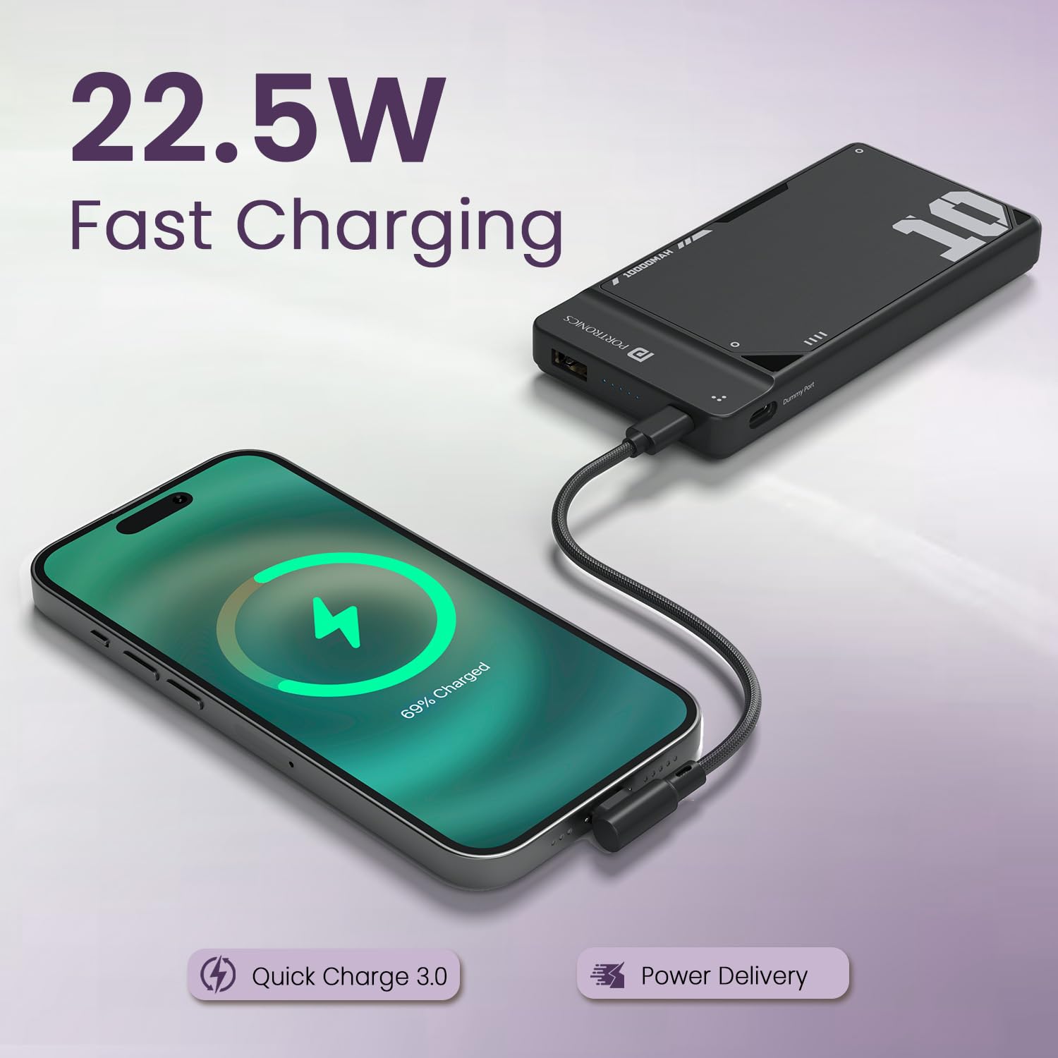 Portronics Luxcell Uno 10K 10000 mAh 22.5W Fast Charging Power Bank with Detachable Type C Cable, Ultra Slim Power Bank with Mach USB-A Output, Type C PD Output, Type C Input, Wake Up Button(Black | Blue | Mocha) - Image 7