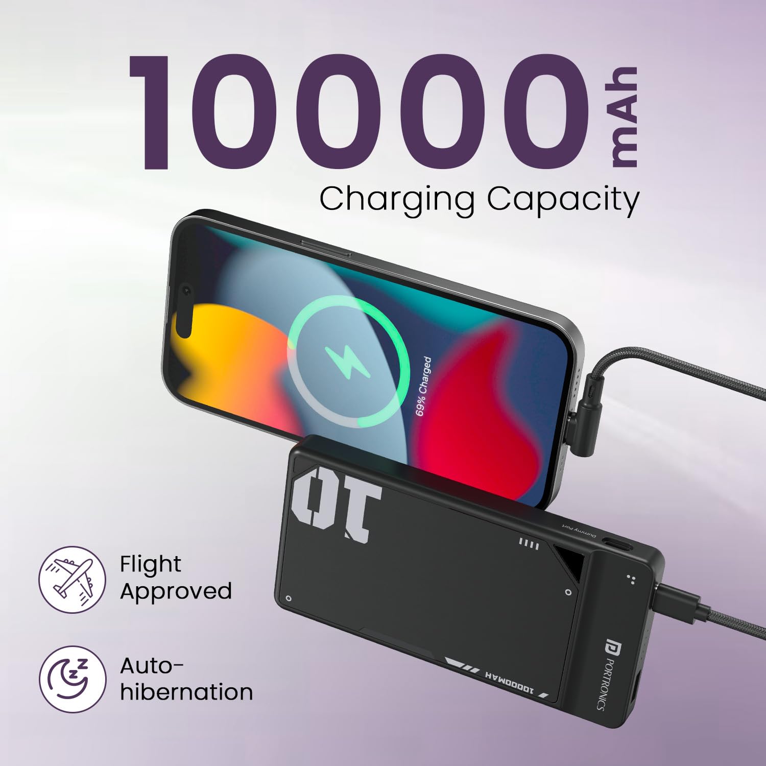 Portronics Luxcell Uno 10K 10000 mAh 22.5W Fast Charging Power Bank with Detachable Type C Cable, Ultra Slim Power Bank with Mach USB-A Output, Type C PD Output, Type C Input, Wake Up Button(Black | Blue | Mocha) - Image 5