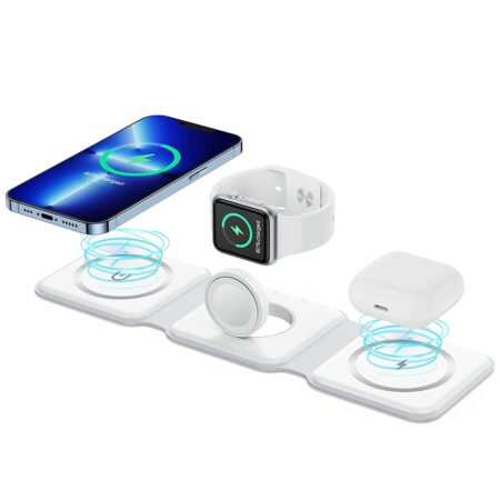 3 in 1 MagSafe compatible Magnetic Foldable Wireless Charger for iPhone 17 to 12 Series | Compatible with AirPods 2/3, Pro2, Pro3 | Compatible with only Apple Watch Series | 23W Charging, (Pearl White | SB-2400-BLACK)