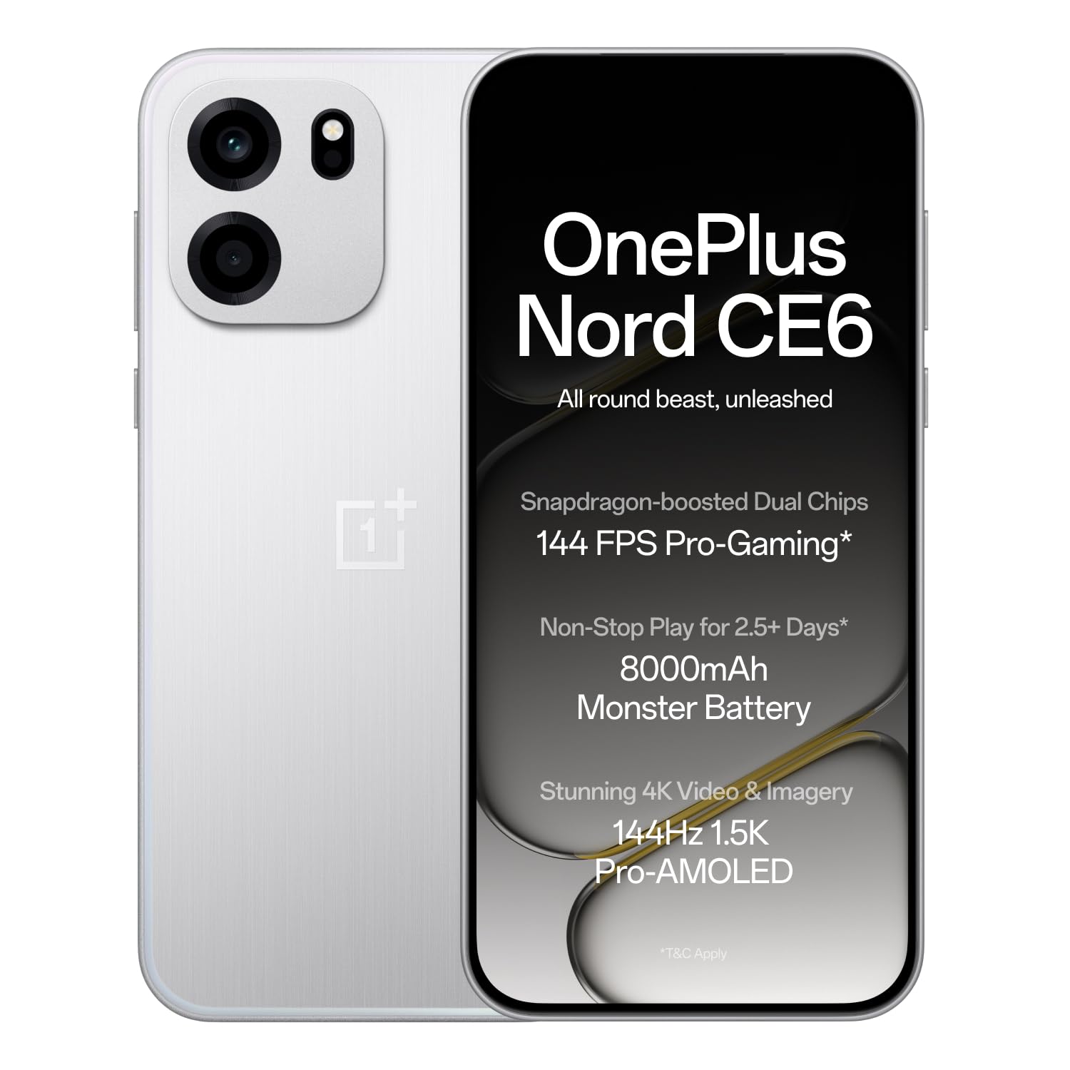 OnePlus Nord CE6 | 8GB+128GB | Lunar Pearl | Snapdragon 7s Gen 4 | Segment's Fastest Touch Response | 8000mAh Battery | 144Hz 1.5K AMOLED Display | 50MP Main + 32MP Selfie 4K Cameras | IP66,68,69,69K (Upgrade)