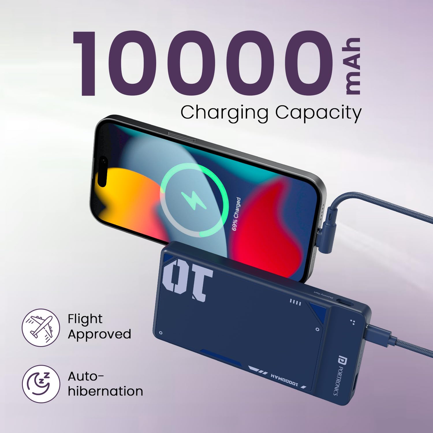 Portronics Luxcell Uno 10K 10000 mAh 22.5W Fast Charging Power Bank with Detachable Type C Cable, Ultra Slim Power Bank with Mach USB-A Output, Type C PD Output, Type C Input, Wake Up Button(Black | Blue | Mocha) - Image 4