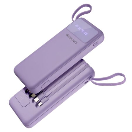 ZEBRONICS MB10000S6 Power Bank, 10000 mAh, 12W, 5 x Outputs - Dual USB A | Type C | Micro USB | Lightning, Built in I/O Cables, Percentage Display, Carry Loop, Made in India (Lavender | Black)