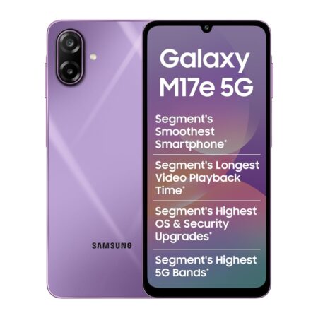 Samsung Galaxy M17e 5G Mobile (Vibe Violet, 6GB RAM, 128GB Storage) | Smoothest 120 Hz Refresh Rate| Monster 6000 mAh Battery | IP54 | 6 Gen OS Upgrades | AI | Gemini Live | Without Charger (Blitz Blue | Vibe Violet)