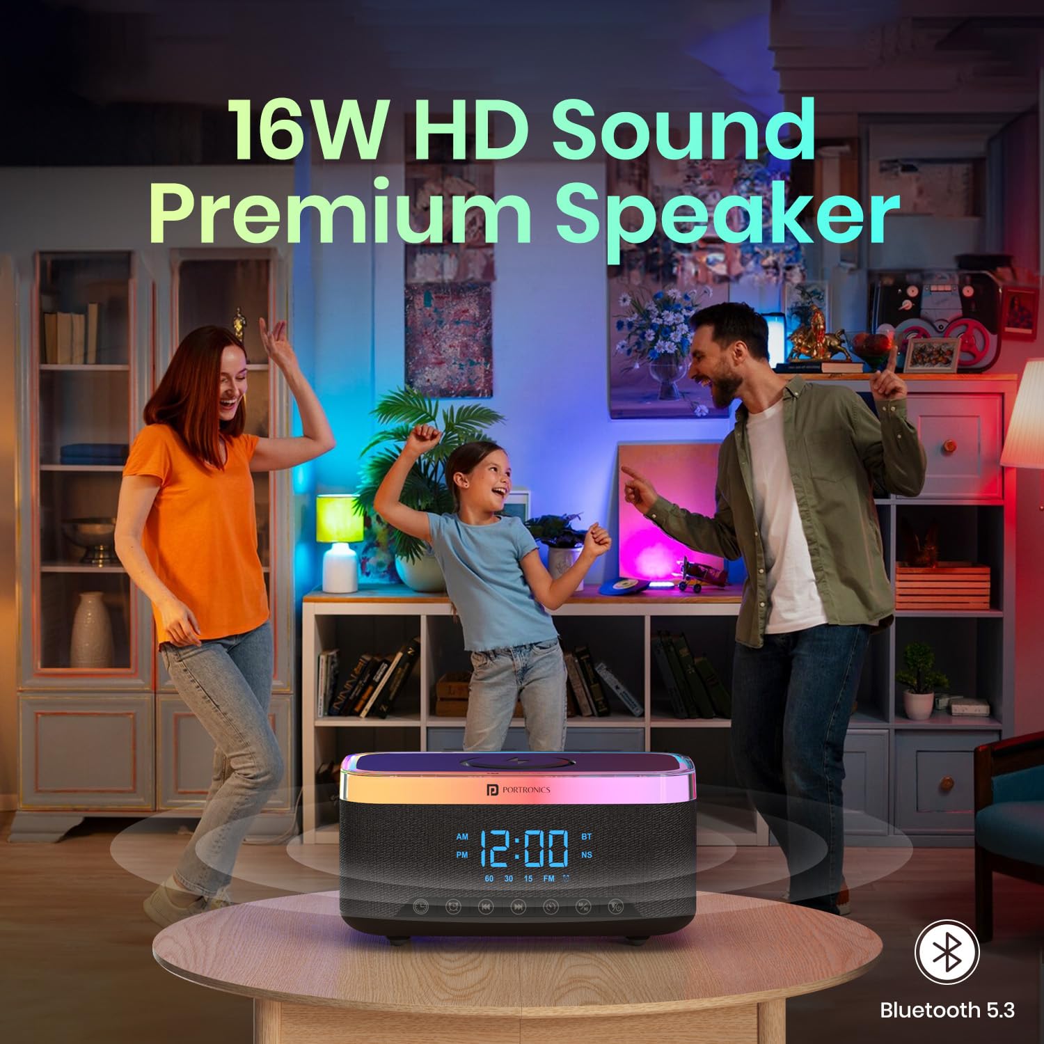 Portronics Trifusion 16W HD Sound Bluetooth Speaker with 15W Wireless Charging, 360°RGB LED Lights, Digital Clock with Alarm Setting, Built-in White Noise, USB/SD Card/AUX in, Type C Charging(Black) - Image 8