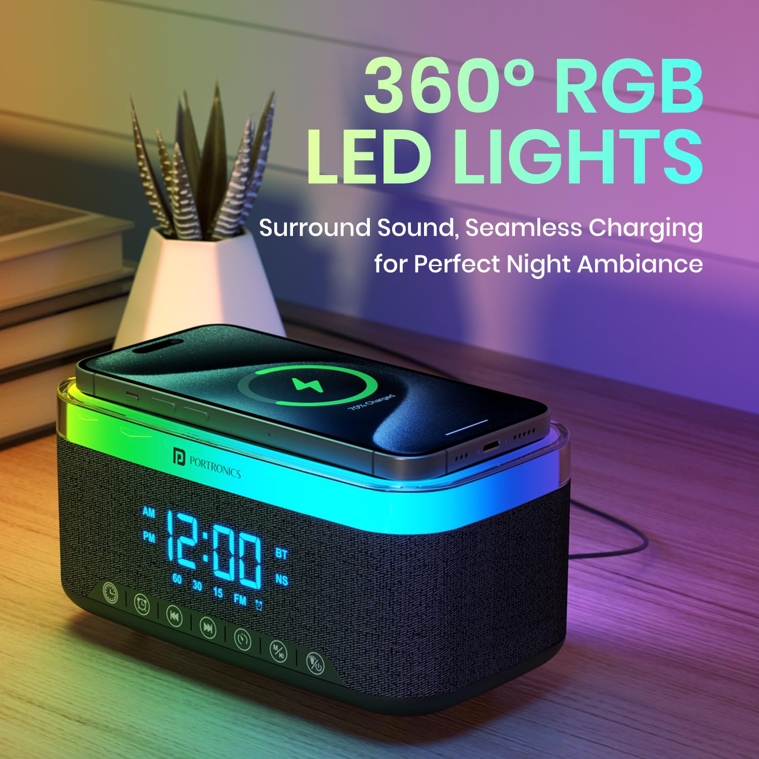 Portronics Trifusion 16W HD Sound Bluetooth Speaker with 15W Wireless Charging, 360°RGB LED Lights, Digital Clock with Alarm Setting, Built-in White Noise, USB/SD Card/AUX in, Type C Charging(Black) - Image 5