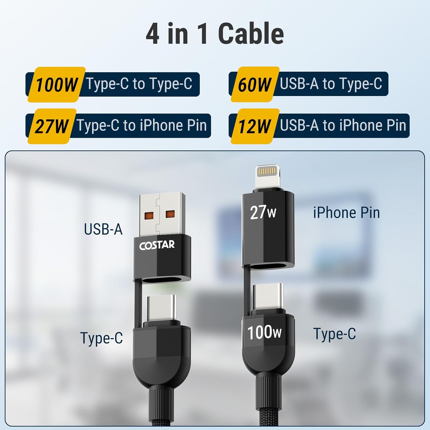 COSTAR 4-in-1 100W Charging Cable|USB-A,Type-C,Fast Charging,480Mbps Data Transfer,Data Sync|Compatible with Android & iOS Smartphones,Tablet/Ipads & Macbook (Upgrade) - Image 3