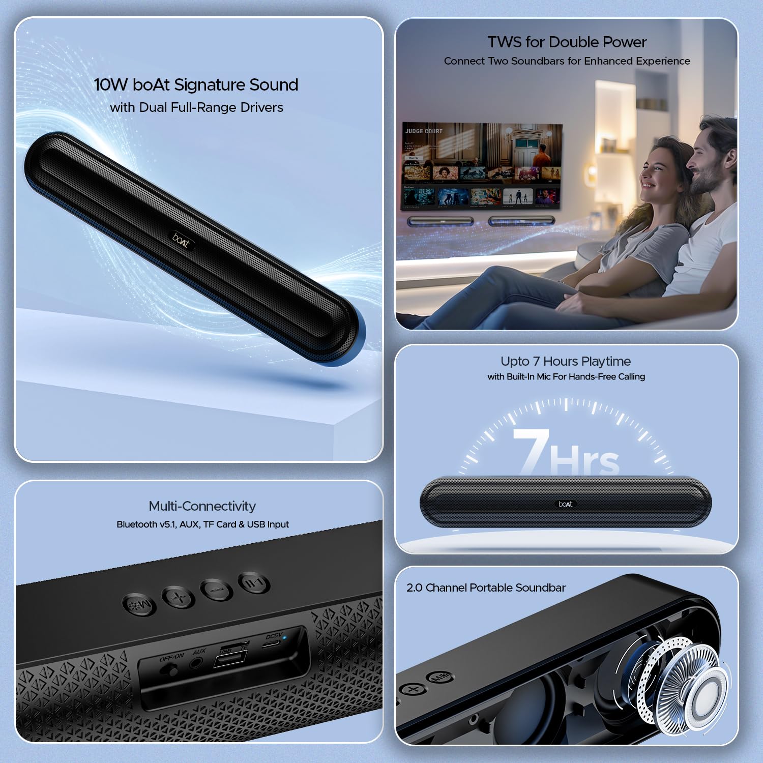 Boat Aavante Bar 490 10W Signature Sound, Dual Full-Range Drivers,7 HRS Battery, Built-in Mic,2.0 CH, TWS Feature,Multi Connect, Bluetooth Sound Bar, Soundbar Speaker, (Classic Black, 10W) - Image 7