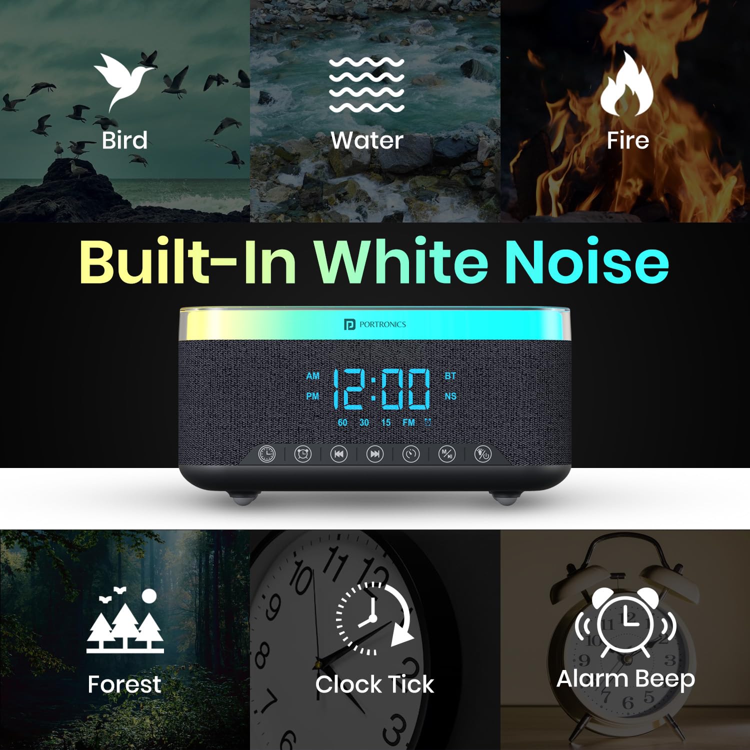 Portronics Trifusion 16W HD Sound Bluetooth Speaker with 15W Wireless Charging, 360°RGB LED Lights, Digital Clock with Alarm Setting, Built-in White Noise, USB/SD Card/AUX in, Type C Charging(Black) - Image 9