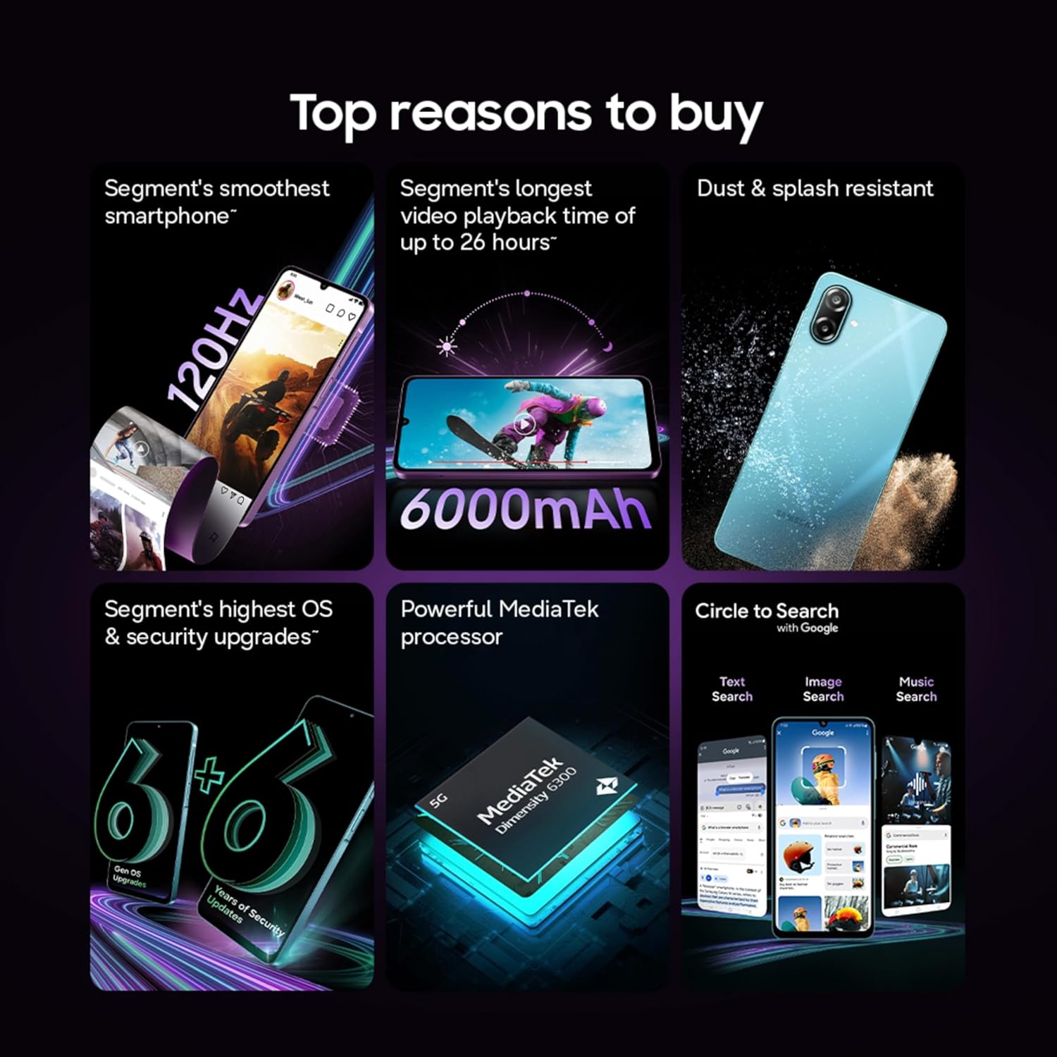 Samsung Galaxy M17e 5G Mobile (Vibe Violet, 6GB RAM, 128GB Storage) | Smoothest 120 Hz Refresh Rate| Monster 6000 mAh Battery | IP54 | 6 Gen OS Upgrades | AI | Gemini Live | Without Charger (Blitz Blue | Vibe Violet) - Image 10