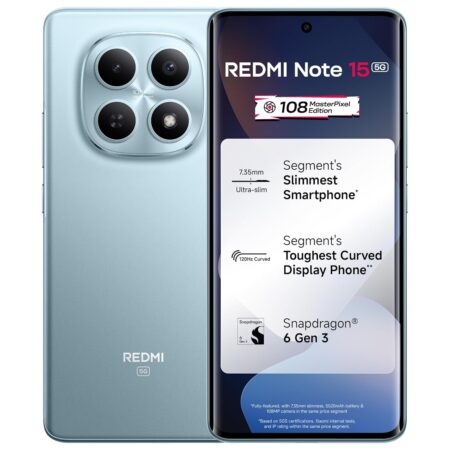 REDMI Note 15 5G (Glacier Blue, 8GB RAM 128GB Storage) | 108MP OIS Camera | Snapdragon 6 Gen 3 | 17.2cm Tough Curved AMOLED Screen | Segment's Slimmest Phone | 5520mAh Si/C Battery | 45W Fast Charging (Glacier Blue |  Black | Mist Purple)