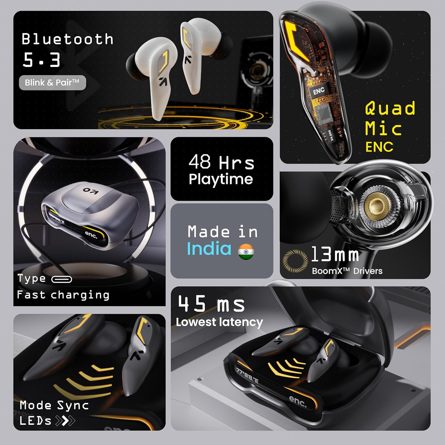 GOBOULT Astra Truly Wireless in Ear Earbuds with 48H Playtime, Built-in App Support, 45ms Low Latency Gaming, 4 Mics ENC, Breathing LEDs,13mm Bass Drivers, TWS Ear Buds (Smoky Metal | Black Gloss | White Opal | Powder Blue) - Image 9