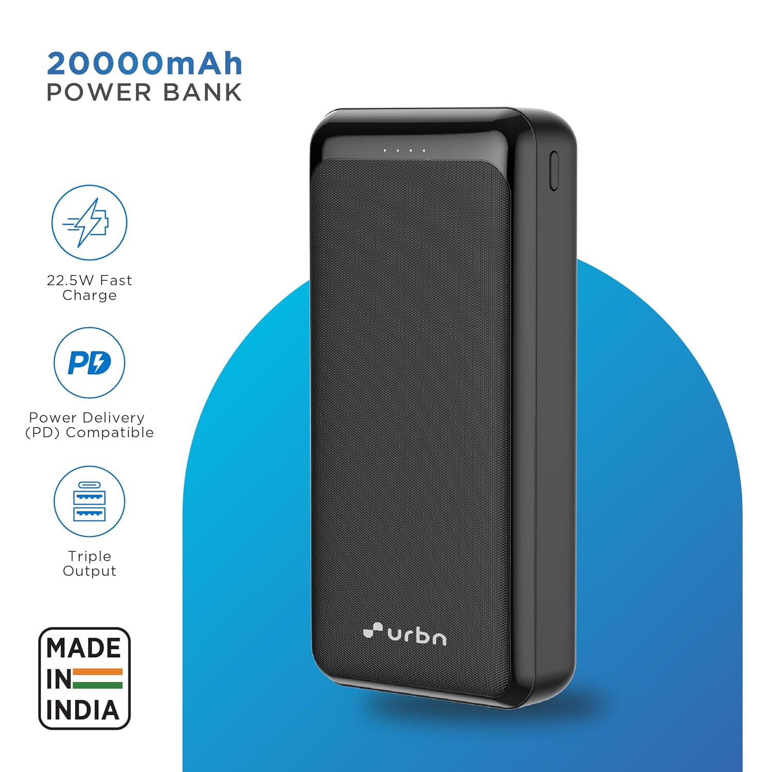 URBN Power Bank 20000mAh Fast Charging | 22.5W Super Fast Power Delivery (PD) Portable Charger | Triple Output | USB Type C Input & Output | Pass Through Charging | (Black) (Upgrade) - Image 6